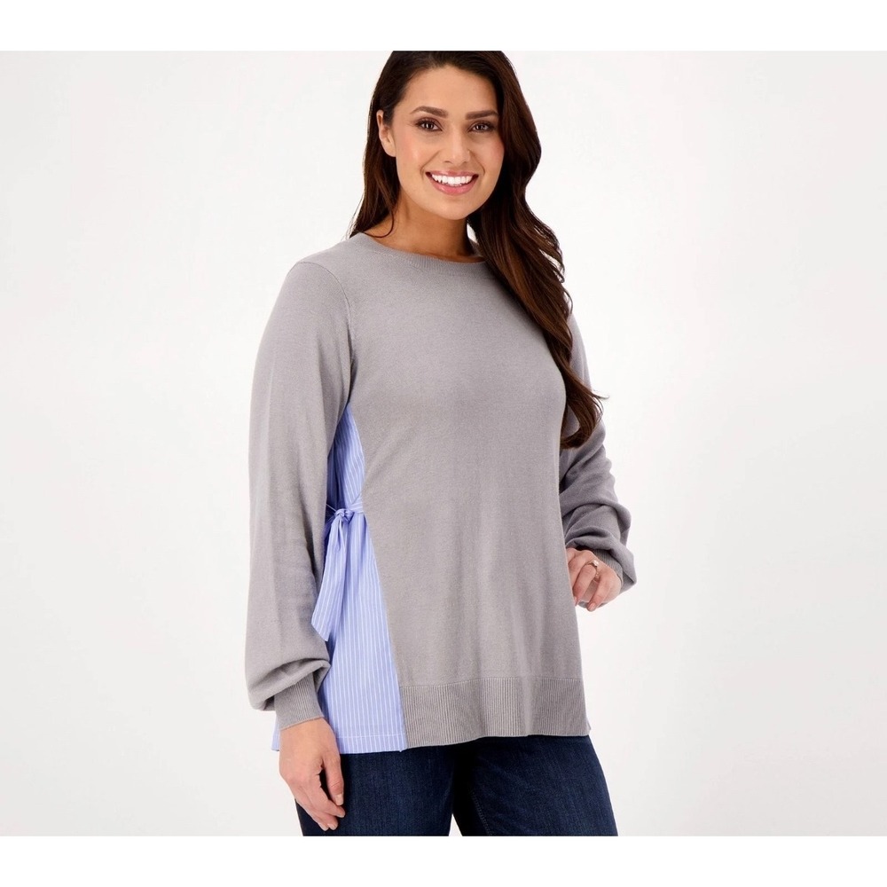 Laurie Felt Gray Knit Sweater with Blue Striped Side‎ pleat Size M - NWT